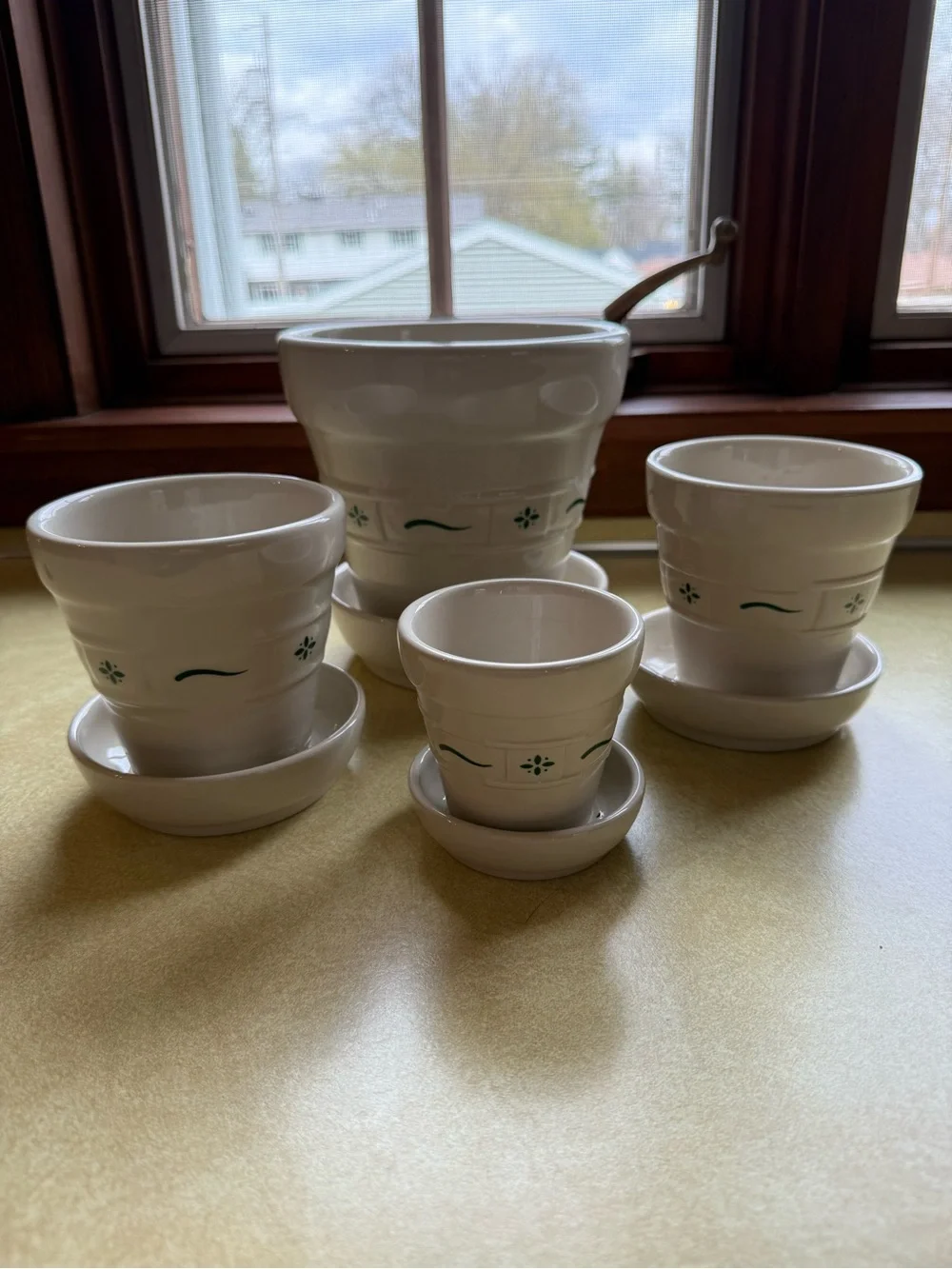 Longaberger White Ceramic Planter Set with Green Accent